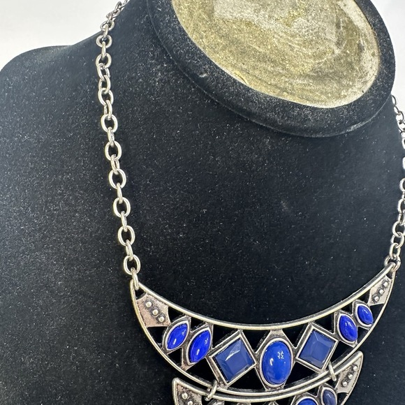 Retro Blue Silver Statement Necklace Diamond Oval Ellipse Crescent Geometric - Picture 3 of 8